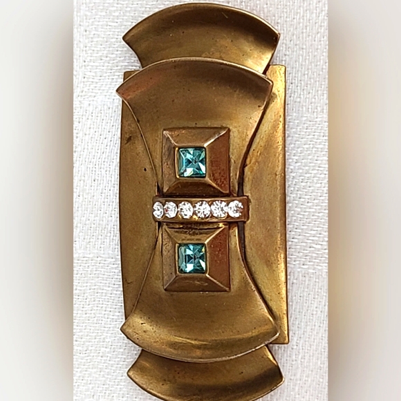 Antique Brass Brooch Set With Aquamarine and AB Rhinestones - Picture 5 of 7